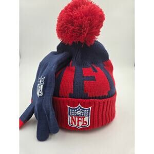 NFL Team Apparel Pom Beanie Hat & Gloves Set Navy Red Winter Knit